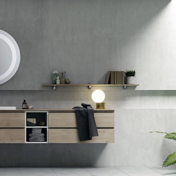 Modern bathroom with floating light tones wood vanity and  shelf