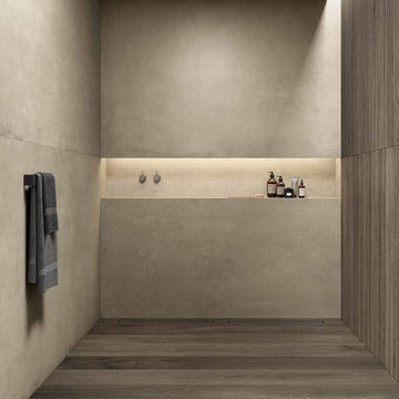 Modern bathroom with grey tile and wood look tile
