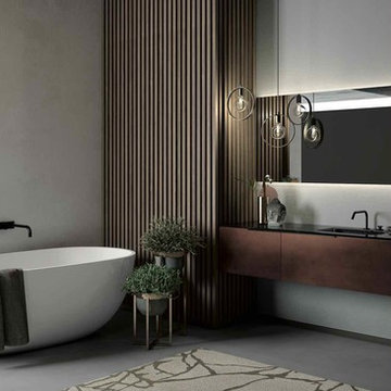 Modern bathroom with metallic vanity with integrated sink