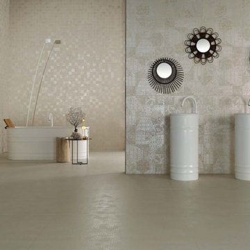Modern bathroom with porcelain tiled walls with iridescent design