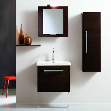 Modern bathroom with small brown vanity and storage