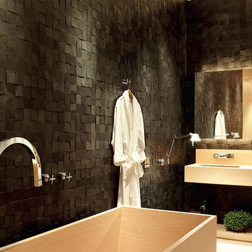 Modern bathroom with stone mosaic walls