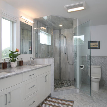 Modern Bathroom with tile flooring and glass shower