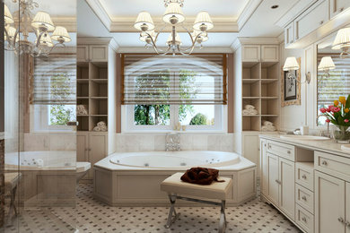 Elegant master ceramic tile bathroom photo in DC Metro with recessed-panel cabinets, beige cabinets, a one-piece toilet and a drop-in sink