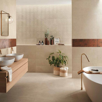 Modern beige bathroom with textured wall tiles