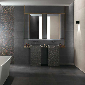 Modern black and beige bathroom with porcelain tile