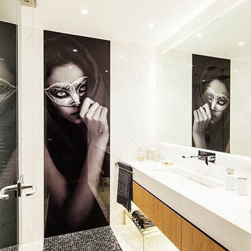 Modern black and white glass mosaic tile bathroom