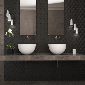 Modern black bathroom with black stone textured mosaic walls