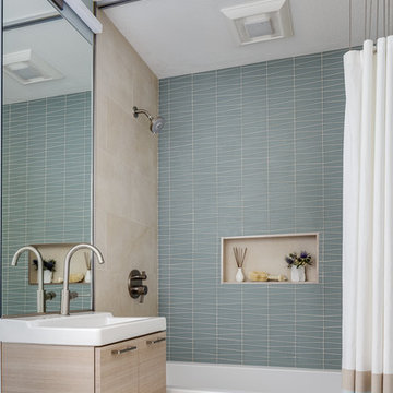 Modern Blue + Light Wood Bathroom with Shower Niche + Decorative Tile