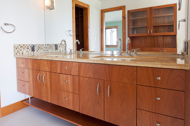 Mid-sized transitional master bathroom photo in Denver with flat-panel cabinets and medium tone wood cabinets