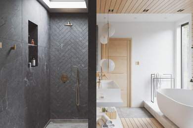Large contemporary ensuite wet room bathroom with a freestanding bath, white walls, a trough sink, grey floors, an open shower, white worktops, a wall mounted toilet, grey tiles, slate tiles and engineered stone worktops.