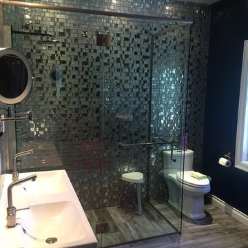 Modern dark grey bathroom with metallic mosaic
