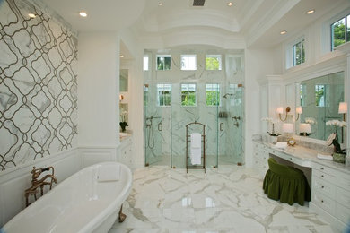 Large trendy master gray tile, white tile and marble tile marble floor and white floor bathroom photo in Other with beaded inset cabinets, white cabinets, a two-piece toilet, white walls, an undermount sink, marble countertops and a hinged shower door