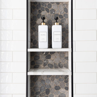 Mid-sized country 3/4 white tile and subway tile pebble tile floor, gray floor and single-sink sliding shower door photo in Phoenix with shaker cabinets, turquoise cabinets, an undermount sink, quartz countertops, white countertops, a niche and a built-in vanity