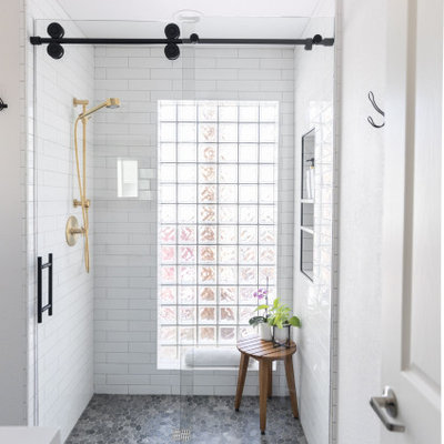 Example of a mid-sized farmhouse 3/4 white tile and subway tile pebble tile floor, gray floor and single-sink bathroom design in Phoenix with a niche, shaker cabinets, turquoise cabinets, an undermount sink, quartz countertops, white countertops and a built-in vanity