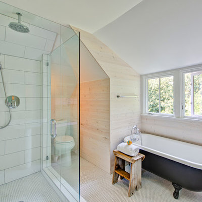 Bathroom - cottage white tile and subway tile bathroom idea in Portland with a two-piece toilet