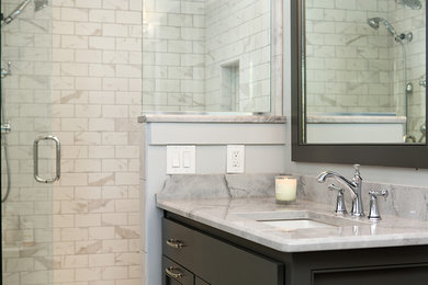 Bathroom - small country master gray tile and ceramic tile ceramic tile bathroom idea in Nashville with shaker cabinets, gray cabinets, gray walls, an undermount sink and quartzite countertops