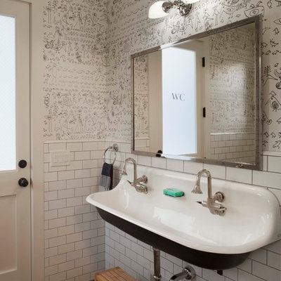 Bathroom - country kids' white tile and subway tile bathroom idea in San Francisco with a trough sink and multicolored walls