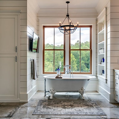 Large country master gray floor and concrete floor bathroom photo in Nashville with shaker cabinets, gray cabinets, white walls, white countertops, an undermount sink and a hinged shower door