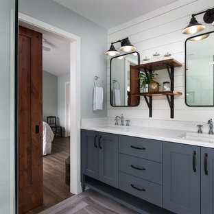 Bathroom - mid-sized farmhouse master gray floor bathroom idea in Portland with shaker cabinets, gray cabinets, an undermount sink, quartz countertops and white walls