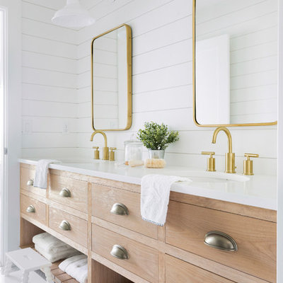 Inspiration for a cottage kids' mosaic tile floor and white floor bathroom remodel in Minneapolis with furniture-like cabinets, light wood cabinets, white walls, an undermount sink and white countertops