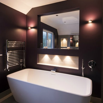 Modern Freestanding Bath with Wall Spout, Recessed Illuminated shelf and Mirror