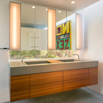 modern master bath atop a historic mediterranean