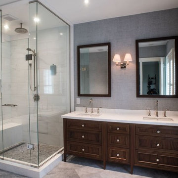 Modern Master Bathroom Renovation, Corner Shower, Furniture Style Vanity