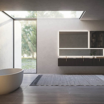 Modern master bathroom with decorative cabinet fronts