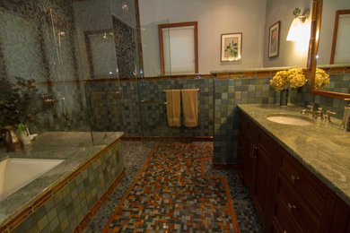 Photo of a classic bathroom in Charlotte with a submerged sink, a built-in bath and a corner shower.