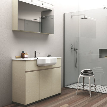 Modern open bathroom with light yellow vanity