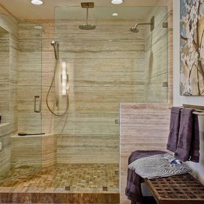 Bathroom - transitional beige tile bathroom idea in San Diego with white walls and a niche