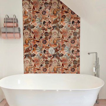 Modern Paisley Print Pink Bathroom with Freestanding Bath