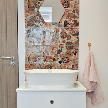 Modern Paisley Print Pink Bathroom with Freestanding Bath