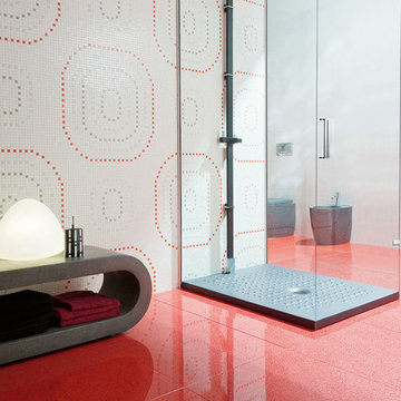 Modern red bathroom with mosaic wallpaper