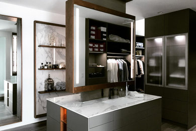 Inspiration for a modern master porcelain tile, gray floor and double-sink toilet room remodel in Miami with gray cabinets, white walls and a freestanding vanity