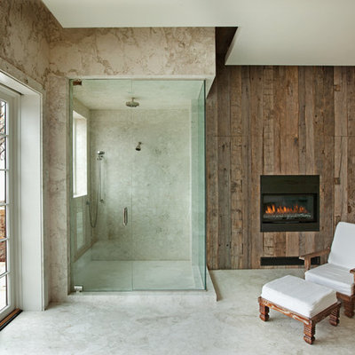 Corner shower - large rustic master marble floor corner shower idea in Denver with beige walls