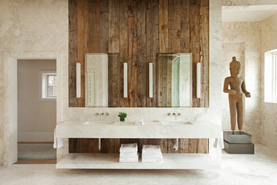 Example of a large mountain style master beige tile and marble tile marble floor bathroom design in Denver with an undermount sink, open cabinets, marble countertops and beige walls