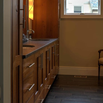Modern shaker cabinetry with red paint and glaze finish.