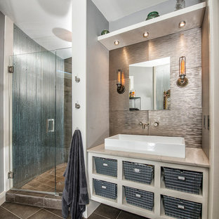 Design ideas for a contemporary bathroom with a vessel sink and metal tile.