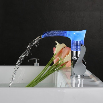 Modern Single Hole Single Handle Waterfall Bathroom Sink Faucet with LED Lights