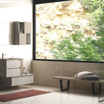 Modern small beige bathroom with storage cabinet