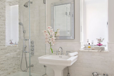 Example of a small classic master white tile marble floor bathroom design in Miami with a pedestal sink and white walls