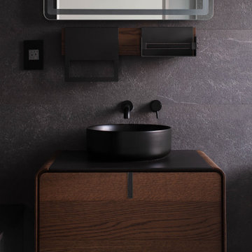 Dark color bathroom with floating wooden vanity