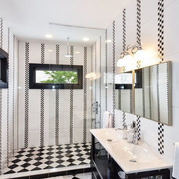 Modern whimsical black and white checker board bathroom