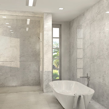 Modern white and grey bathroom with carrara tiles