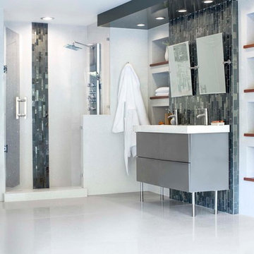 Modern white and grey bathroom with glass mosaic