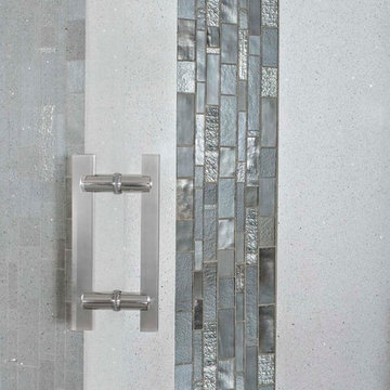 Modern white and grey bathroom with glass mosaic