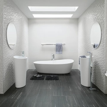 Modern White Bathroom with 3D Porcelanosa large format Wall Tiles