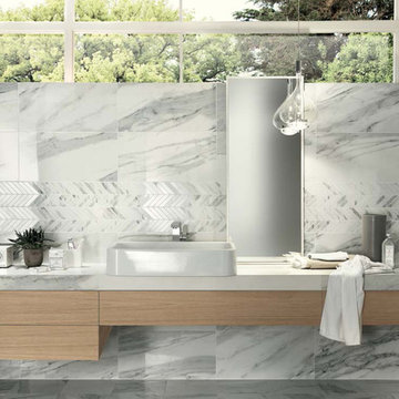 Modern white bathroom with marble looking porcelain tiles